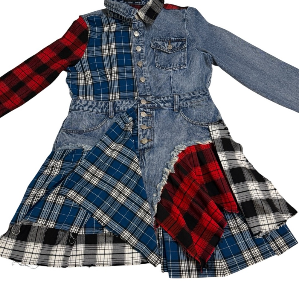 AKIRA Patchwork Plaid Denim Mini Dress - Picture 3 of 12